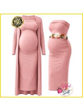 2 Piece Maternity Maxi Dress & Cardigan Set Bodycon Strapless Baby Shower